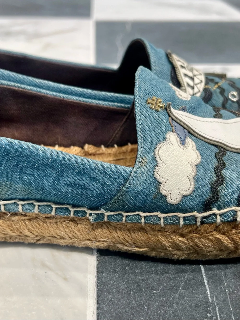 Tory Burch Blue Denim Nautical Espadrilles with Sailboat & Fish Appliqué